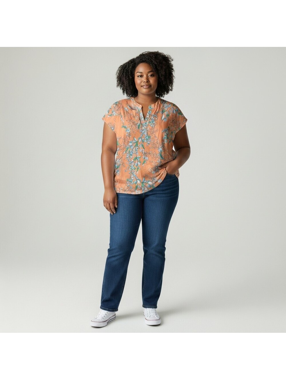 St. John's Bay Blouse Women XL Orange Floral V-Neck Short Sleeve Cotton Casual
